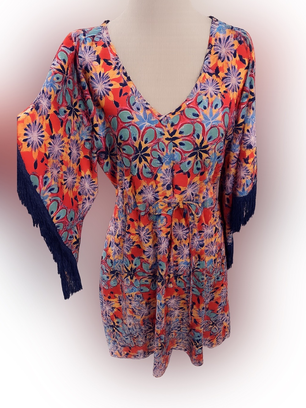 TRACY NEGOSHIAN Felicity Dress Floral Fringe Bell Sleeves Drawstring Waist S